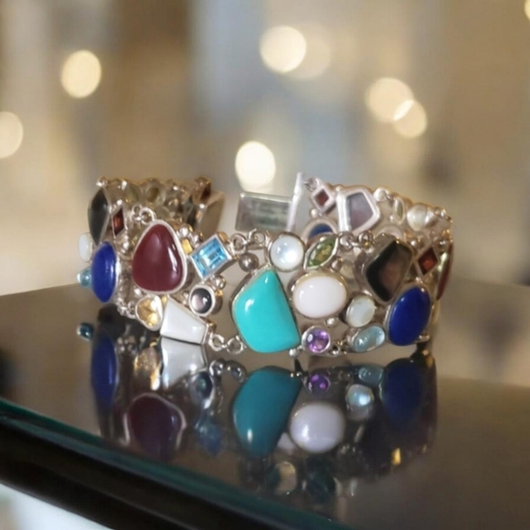 Jewelry - Sterling Silver Multi-Stone Bracelet Carnelian, Topaz, Turquoise, Lapis Stunning